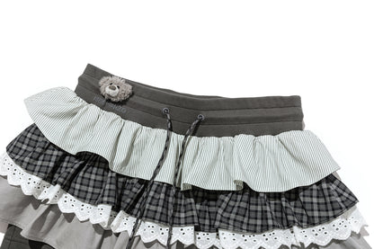 13DE MARZO Patchwork Ruffle Tiered Skirt Dark Grey - 13DE MARZO