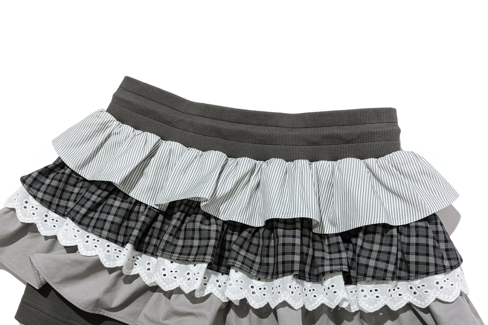 13DE MARZO Patchwork Ruffle Tiered Skirt Dark Grey - 13DE MARZO
