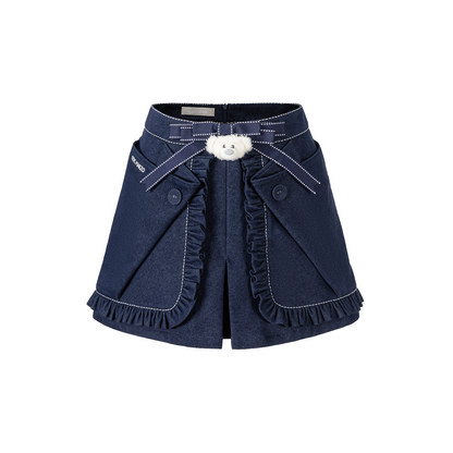 13DE MARZO Bow Tie Lace Trim Denim Skort