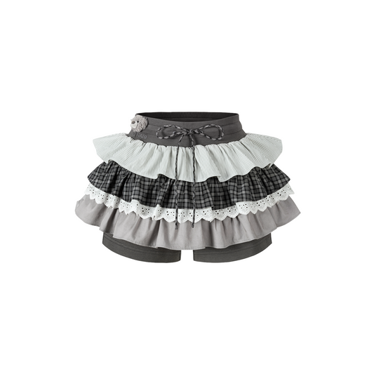 13DE MARZO Patchwork Ruffle Tiered Skirt Dark Grey - 13DE MARZO