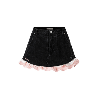 13DE MARZO Two-piece Style Smocked Denim Skirt Black