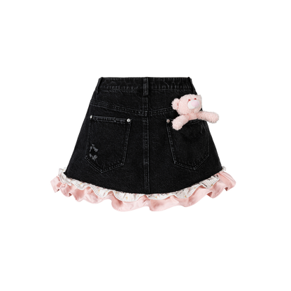 13DE MARZO Two-piece Style Smocked Denim Skirt Black