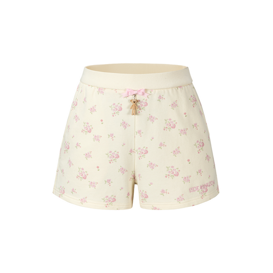 13DE MARZO Floral Print Sweatpants Shorts Beige