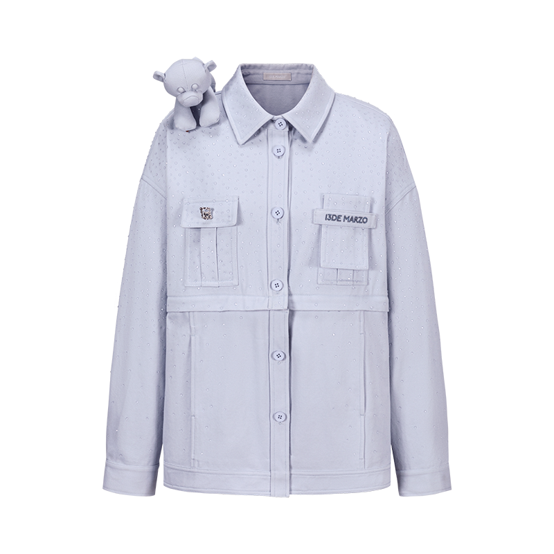 13DE MARZO All-Over Faux Rhinestone Shirt Jacket Blue
