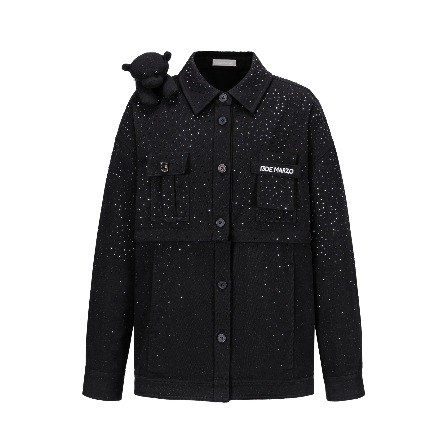 13DE MARZO All-Over Faux Rhinestone Shirt Jacket Black