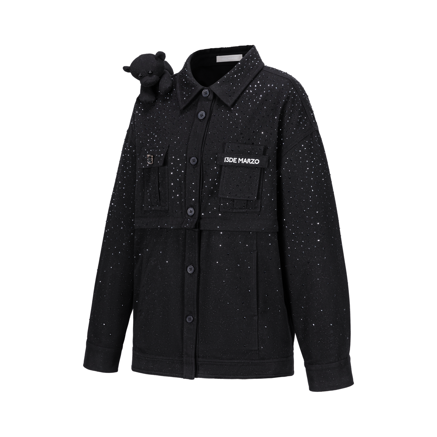 13DE MARZO All-Over Faux Rhinestone Shirt Jacket Black