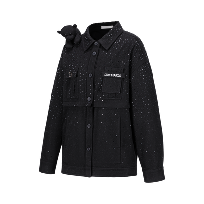13DE MARZO All-Over Faux Rhinestone Shirt Jacket Black