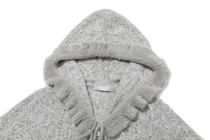 13DE MARZO Ruffle Collar Knitted Hoodie Grey