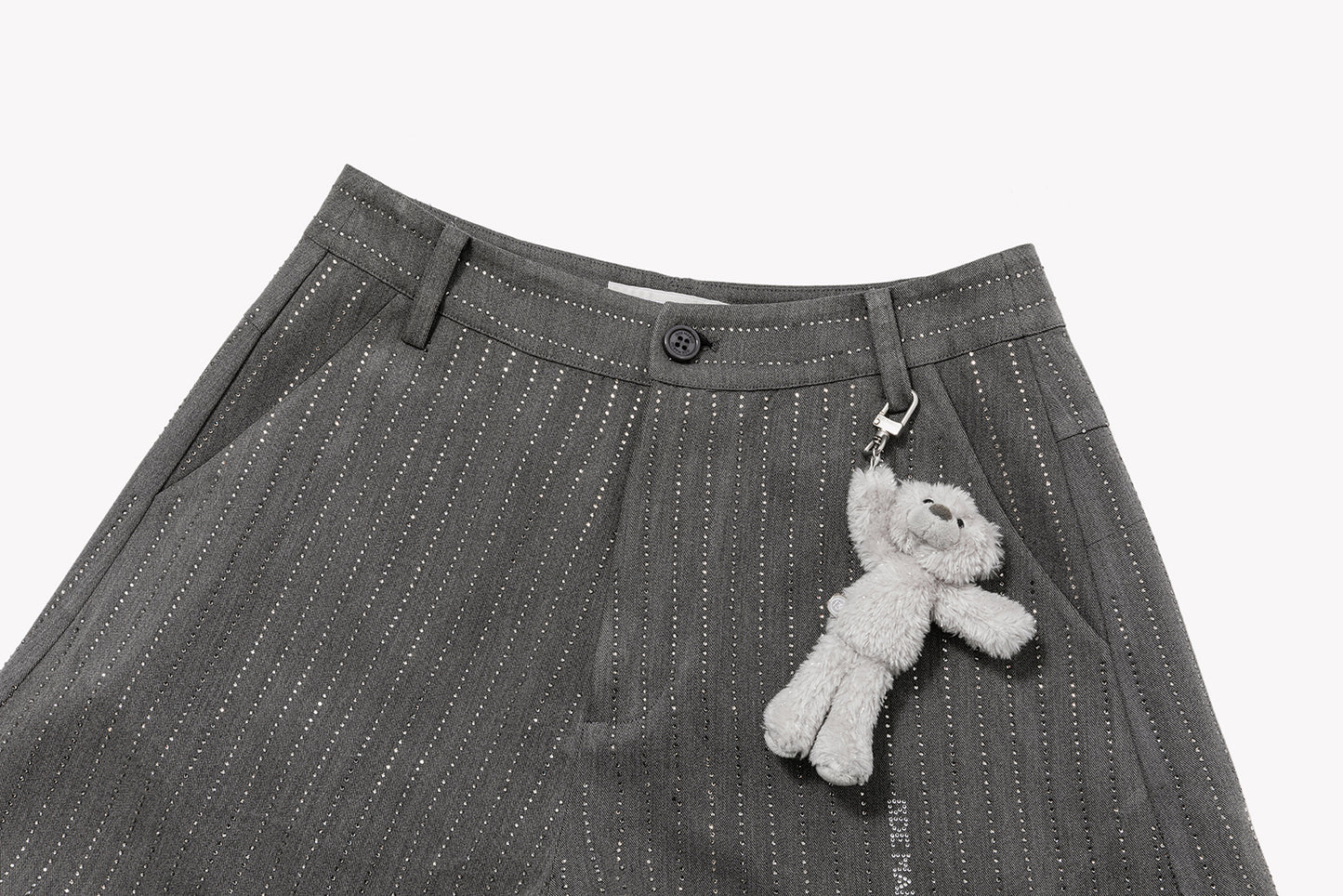 13DE MARZO Curved-Hem Stripe Rhinestone Trousers Grey