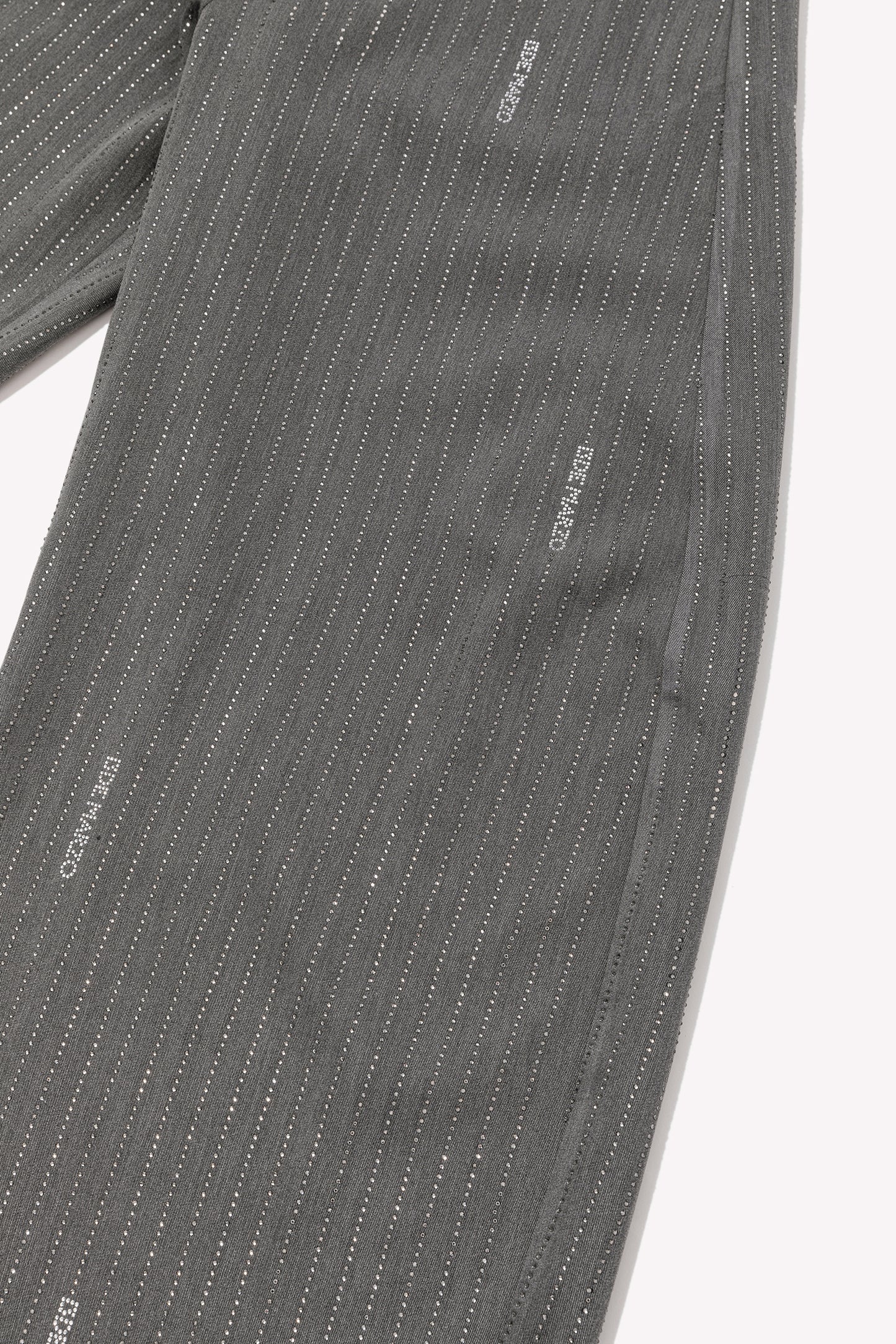 13DE MARZO Curved-Hem Stripe Rhinestone Trousers Grey