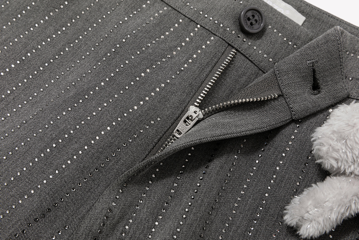 13DE MARZO Curved-Hem Stripe Rhinestone Trousers Grey