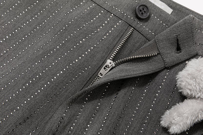 13DE MARZO Curved-Hem Stripe Rhinestone Trousers Grey