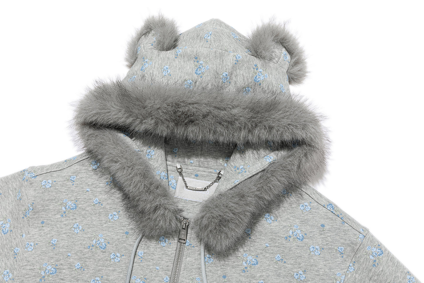 13DE MARZO Floral Print Hoodie with Fur Collar Grey