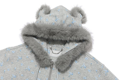 13DE MARZO Floral Print Hoodie with Fur Collar Grey