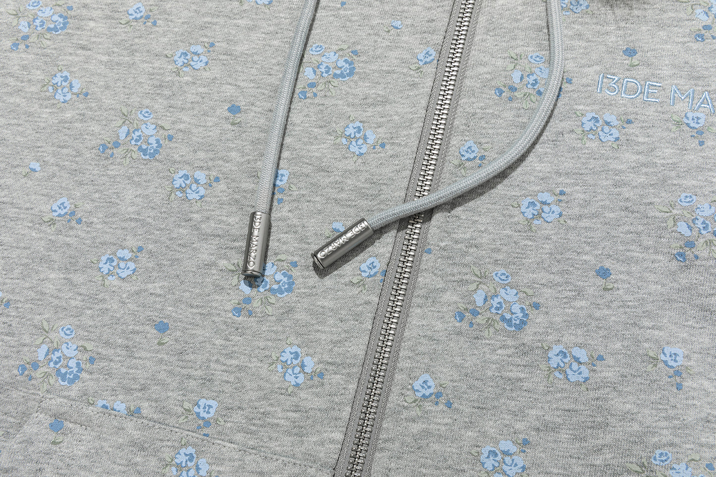 13DE MARZO Floral Print Hoodie with Fur Collar Grey