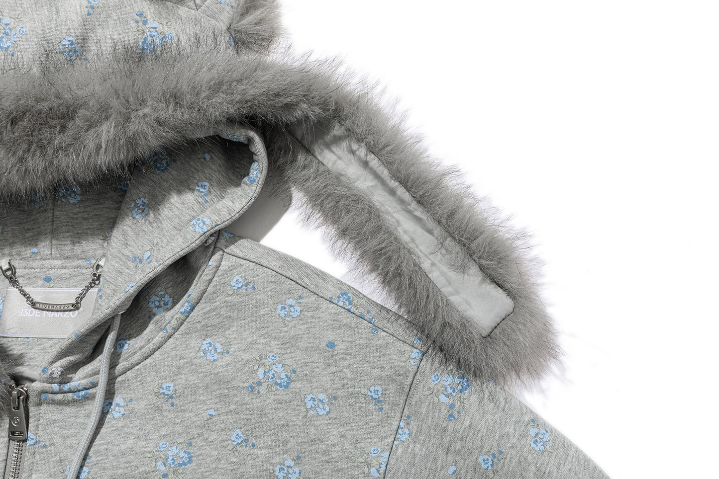 13DE MARZO Floral Print Hoodie with Fur Collar Grey