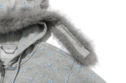13DE MARZO Floral Print Hoodie with Fur Collar Grey