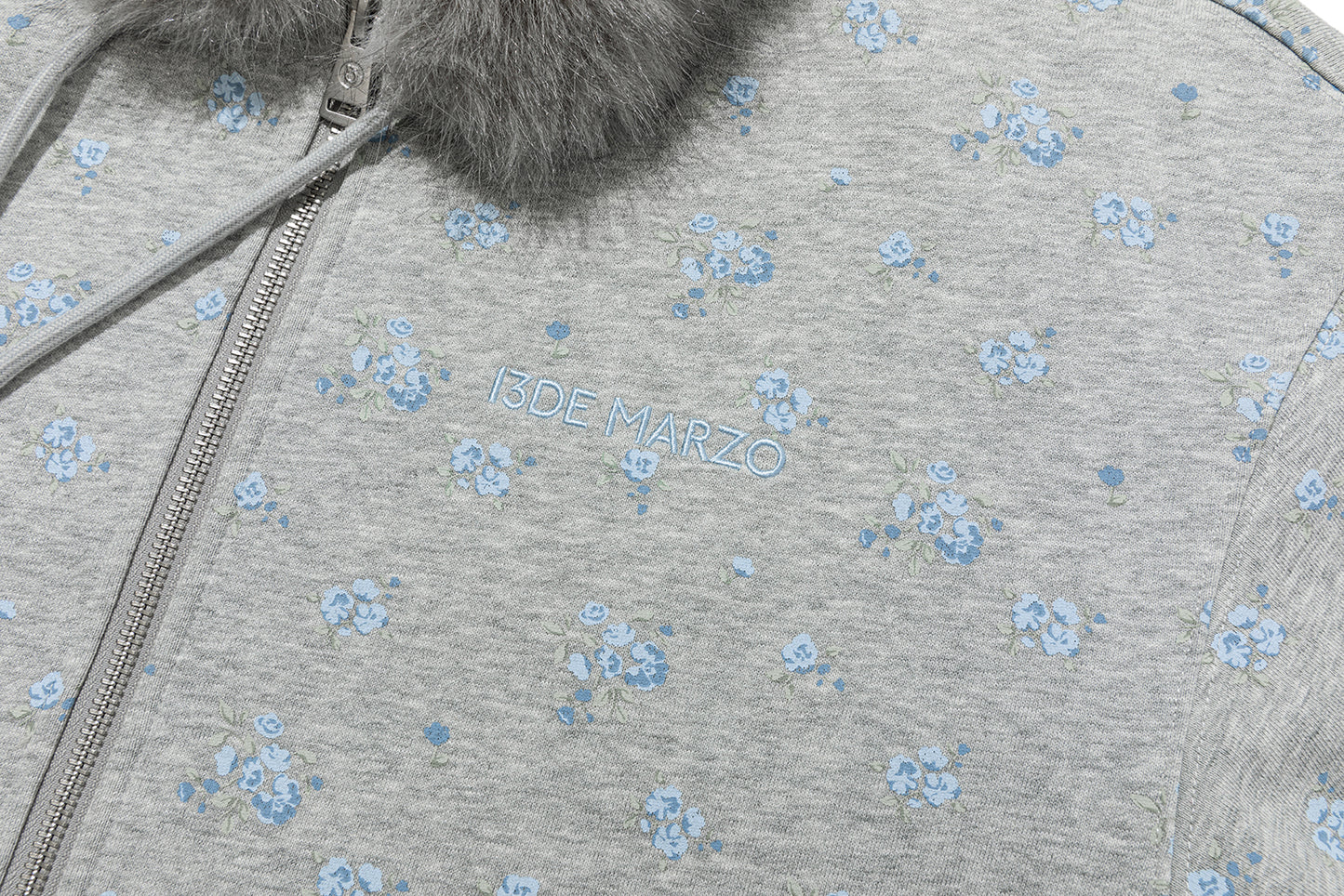 13DE MARZO Floral Print Hoodie with Fur Collar Grey