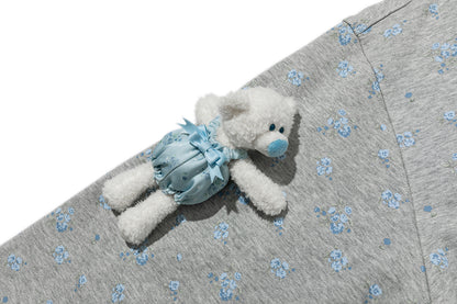13DE MARZO Floral Print Hoodie with Fur Collar Grey