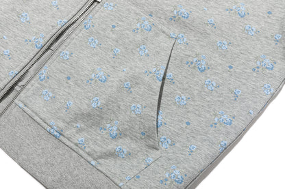 13DE MARZO Floral Print Hoodie with Fur Collar Grey
