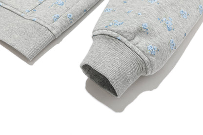 13DE MARZO Floral Print Hoodie with Fur Collar Grey