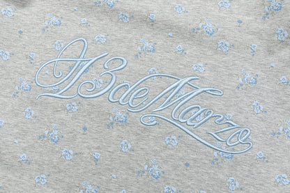 13DE MARZO Floral Print Hoodie with Fur Collar Grey