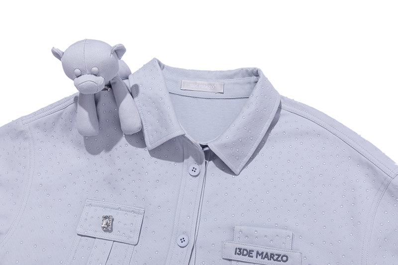 13DE MARZO All-Over Faux Rhinestone Shirt Jacket Blue