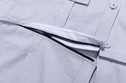 13DE MARZO All-Over Faux Rhinestone Shirt Jacket Blue