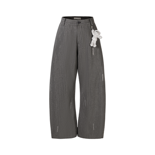 13DE MARZO Curved-Hem Stripe Rhinestone Trousers Grey