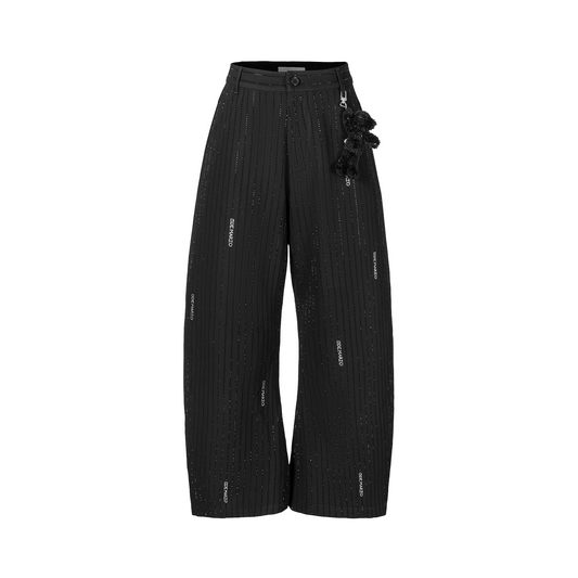 13DE MARZO Curved-Hem Stripe Rhinestone Trousers Black