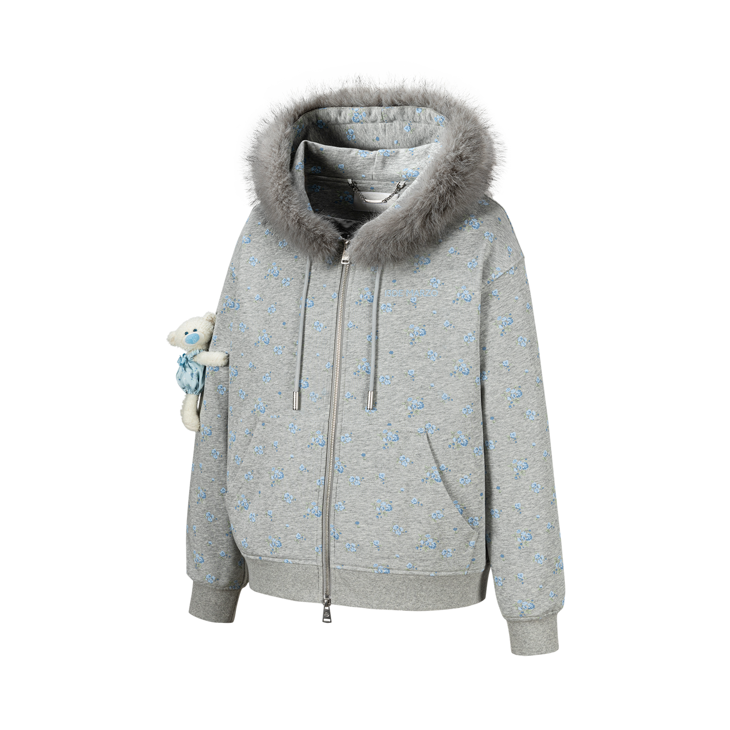 13DE MARZO Floral Print Hoodie with Fur Collar Grey