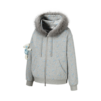 13DE MARZO Floral Print Hoodie with Fur Collar Grey