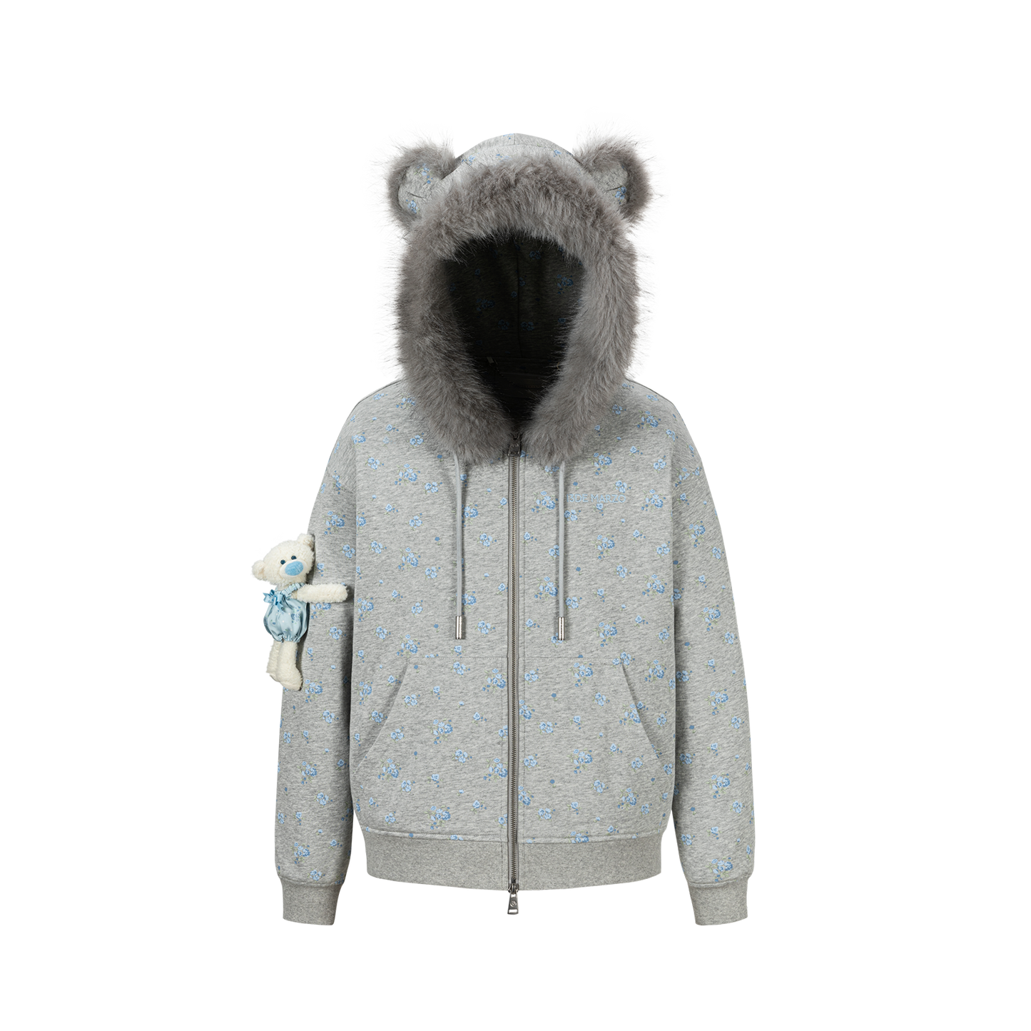 13DE MARZO Floral Print Hoodie with Fur Collar Grey