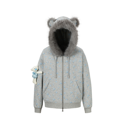 13DE MARZO Floral Print Hoodie with Fur Collar Grey