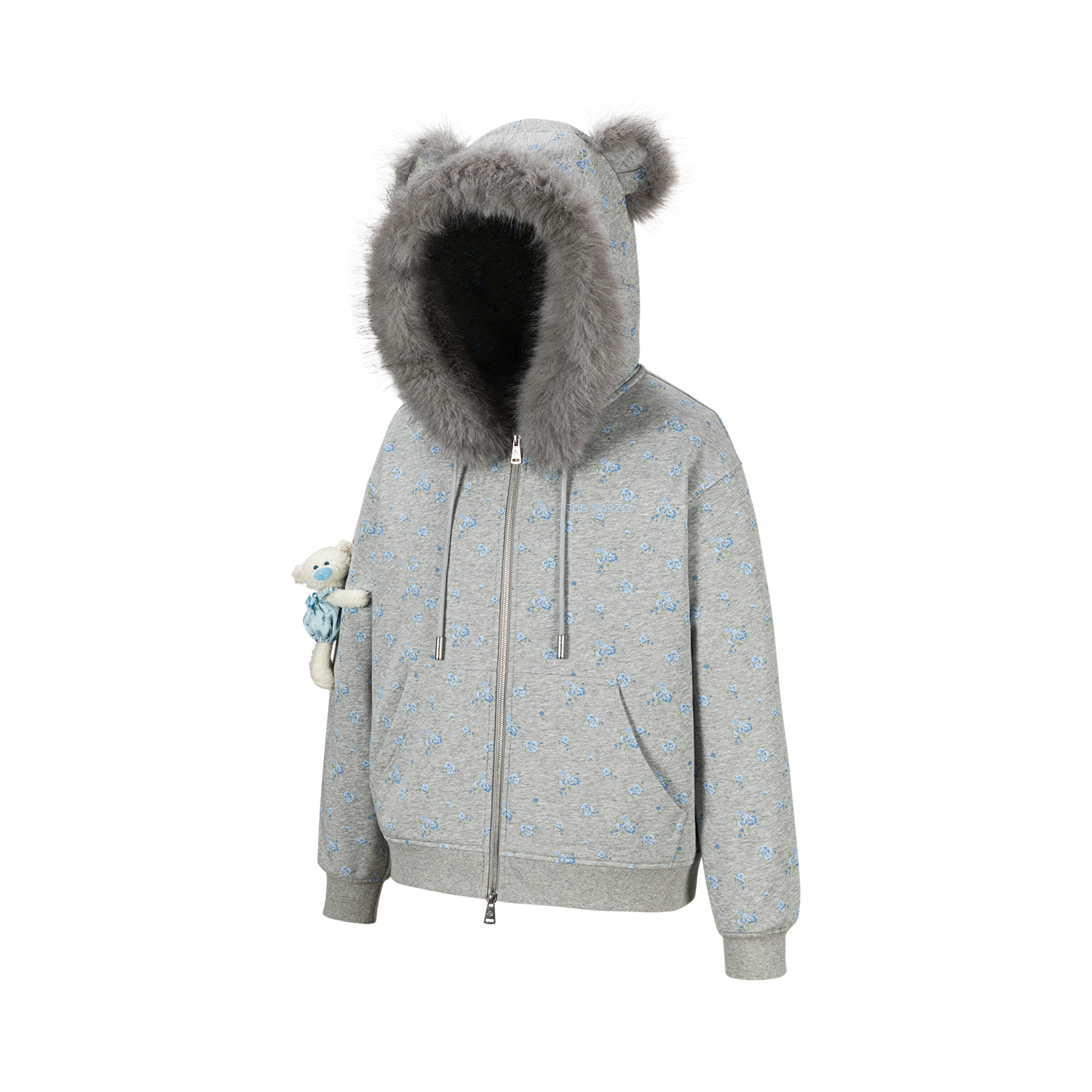 13DE MARZO Floral Print Hoodie with Fur Collar Grey