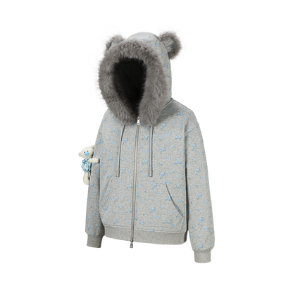 13DE MARZO Floral Print Hoodie with Fur Collar Grey