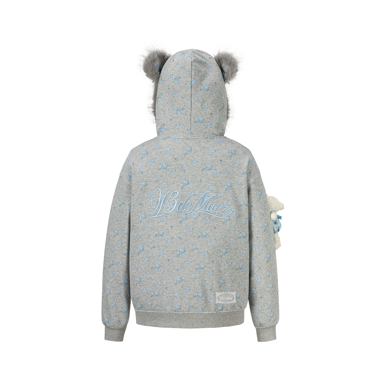 13DE MARZO Floral Print Hoodie with Fur Collar Grey