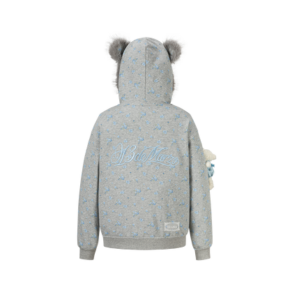 13DE MARZO Floral Print Hoodie with Fur Collar Grey