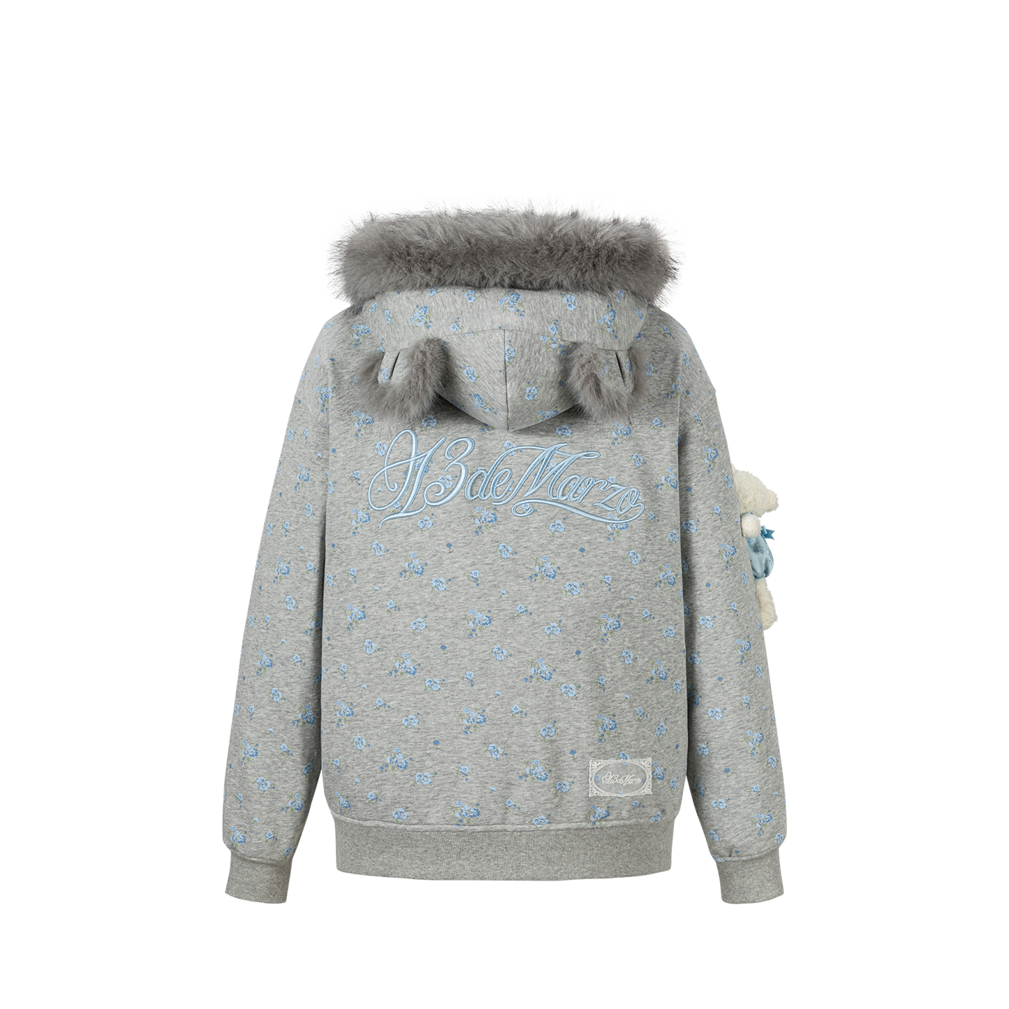 13DE MARZO Floral Print Hoodie with Fur Collar Grey