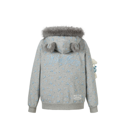 13DE MARZO Floral Print Hoodie with Fur Collar Grey