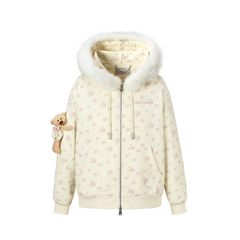 13DE MARZO Floral Print Hoodie with Fur Collar Beige