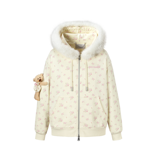13DE MARZO Floral Print Hoodie with Fur Collar Beige
