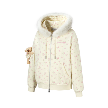 13DE MARZO Floral Print Hoodie with Fur Collar Beige