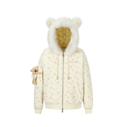 13DE MARZO Floral Print Hoodie with Fur Collar Beige