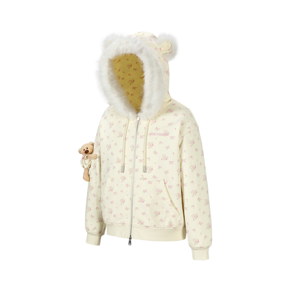 13DE MARZO Floral Print Hoodie with Fur Collar Beige