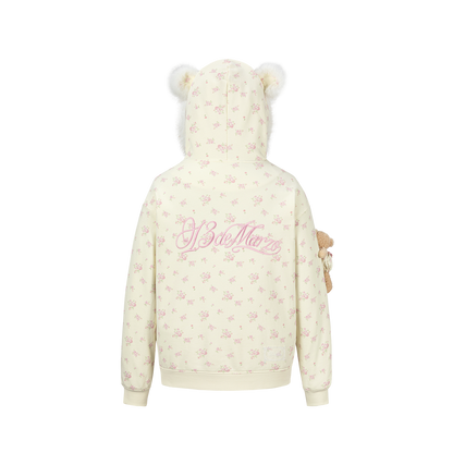 13DE MARZO Floral Print Hoodie with Fur Collar Beige