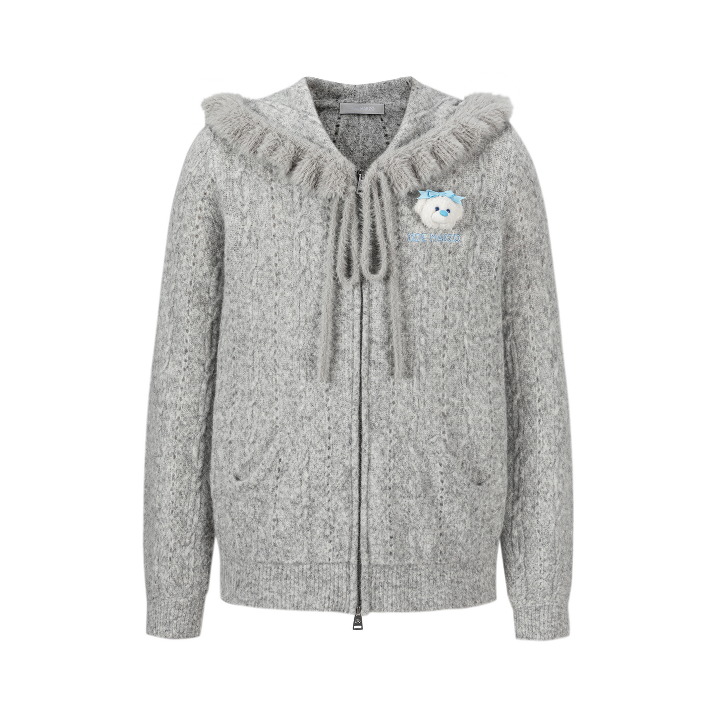 13DE MARZO Ruffle Collar Knitted Hoodie Grey