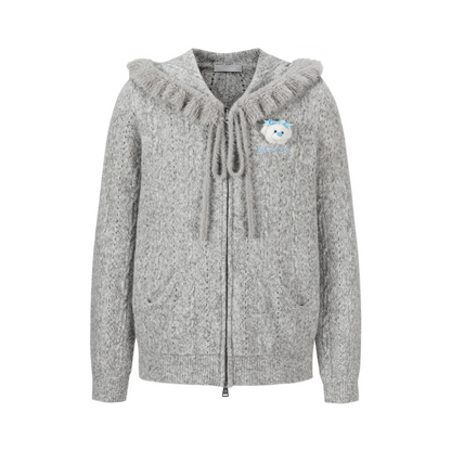 13DE MARZO Ruffle Collar Knitted Hoodie Grey