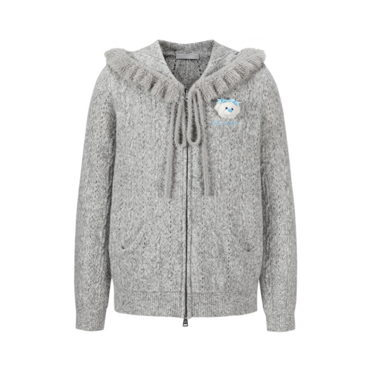 13DE MARZO Ruffle Collar Knitted Hoodie Grey