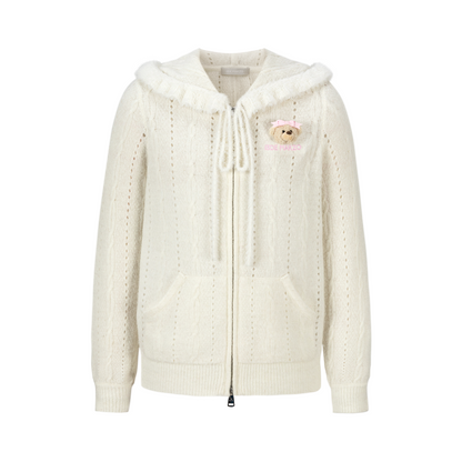 13DE MARZO Ruffle Collar Knitted Hoodie Beige